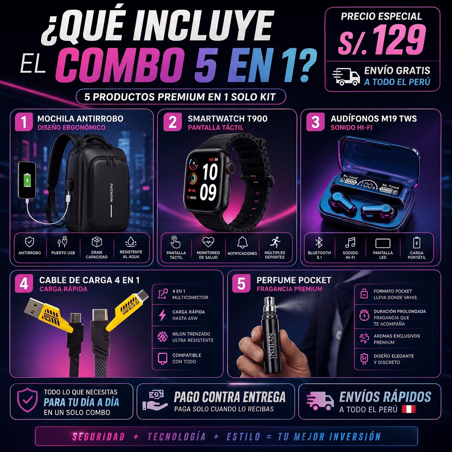 SUPER COMBO 5 EN 1 | Maletin Antirrobo Con Carga + Reloj inteligente + Audifonos + Perfume de Bolsillo + Cargador 4 en 1