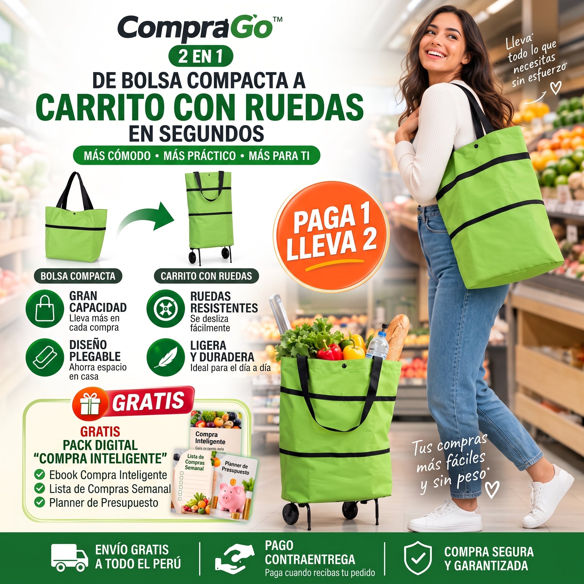CompraGo 2 en 1 - Bolsa a Carrito con Ruedas