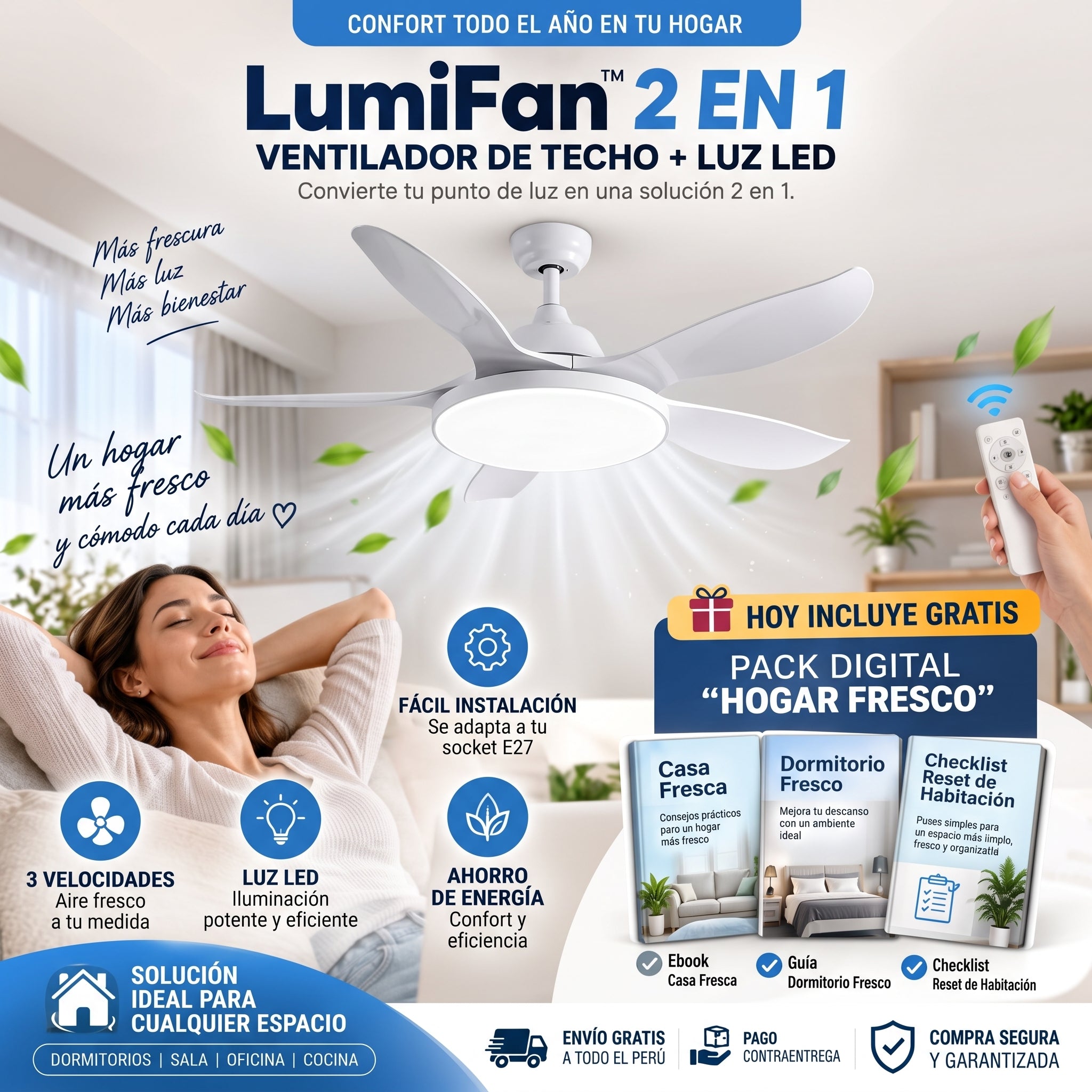 LumiFan 2 en 1 - Ventilador de Techo con Luz LED
