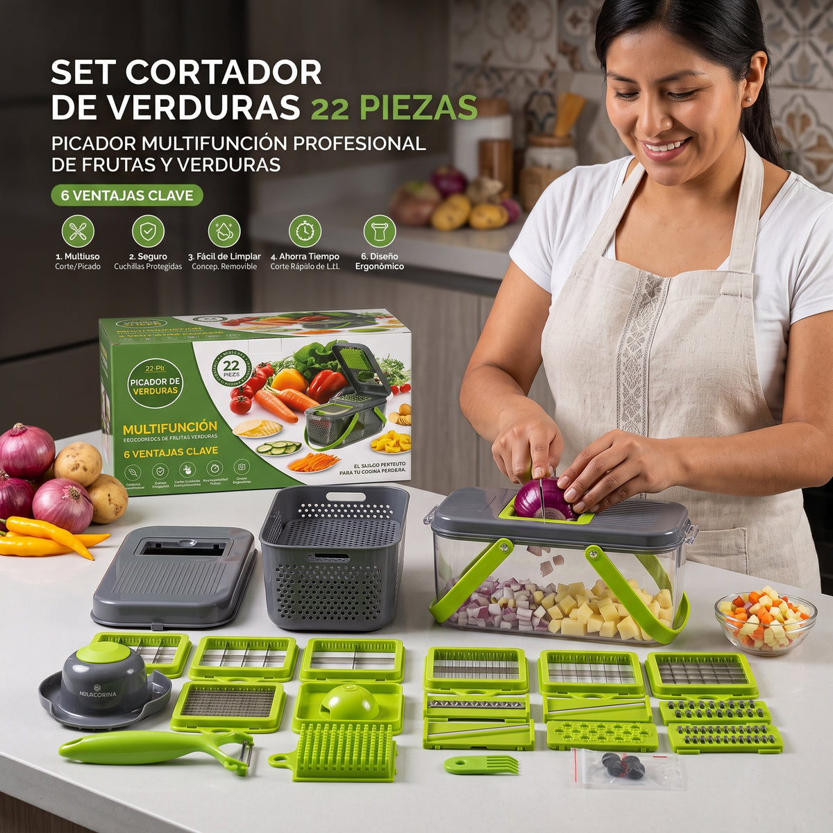 Cortador de Verduras Profesional 22 en 1 + Tijera de Cocina de REGALO