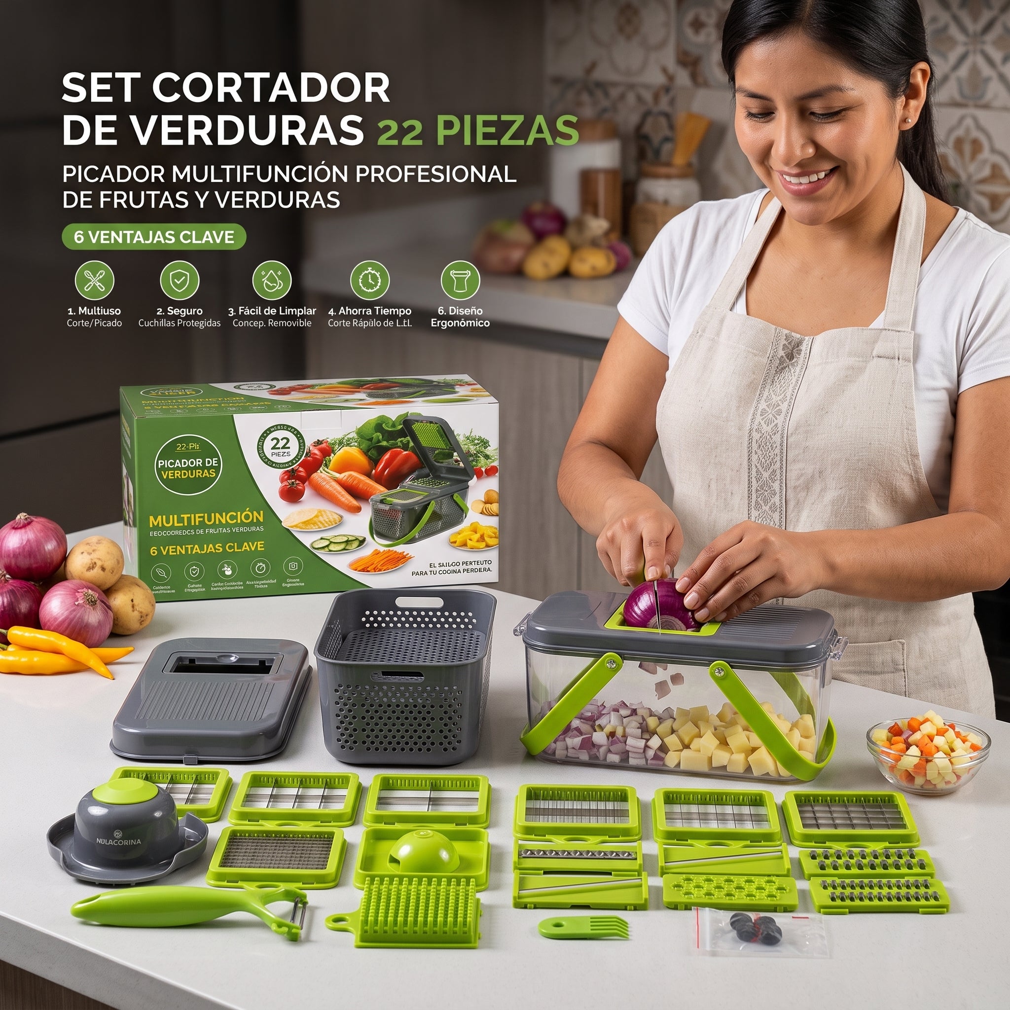 Cortador de Verduras Profesional 22 en 1 + Tijera de Cocina de REGALO
