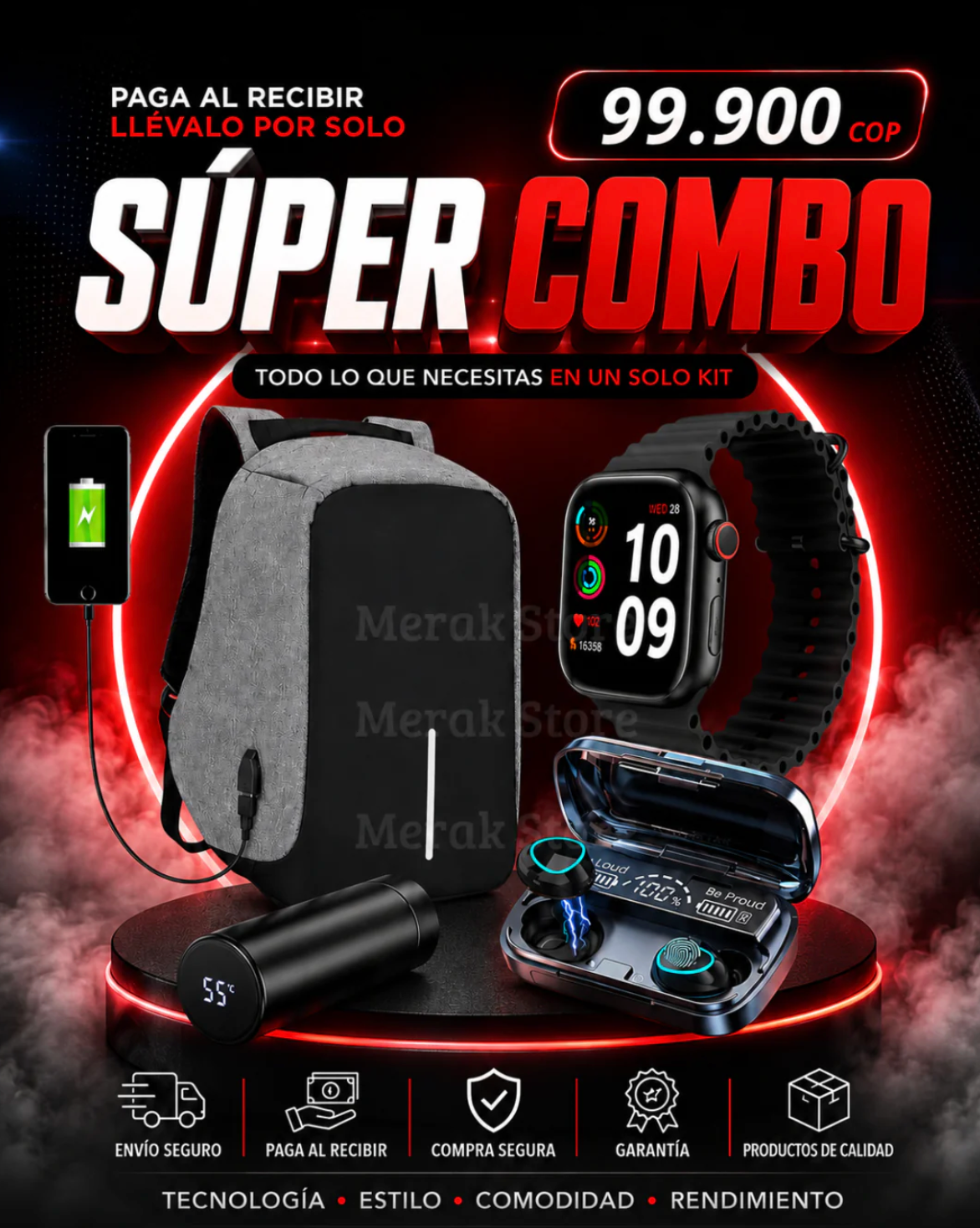 Super Combo Maletin Antirrobo Con Carga + Termo Digital + Reloj inteligente T500