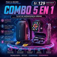 SUPER COMBO 5 EN 1 | Maletin Antirrobo Con Carga + Reloj inteligente + Audifonos + Perfume de Bolsillo + Cargador 4 en 1