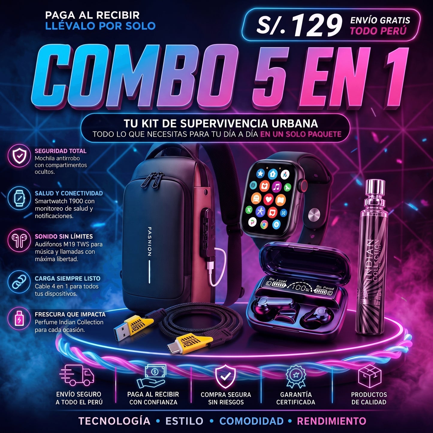 SUPER COMBO 5 EN 1 | Maletin Antirrobo Con Carga + Reloj inteligente + Audifonos + Perfume de Bolsillo + Cargador 4 en 1
