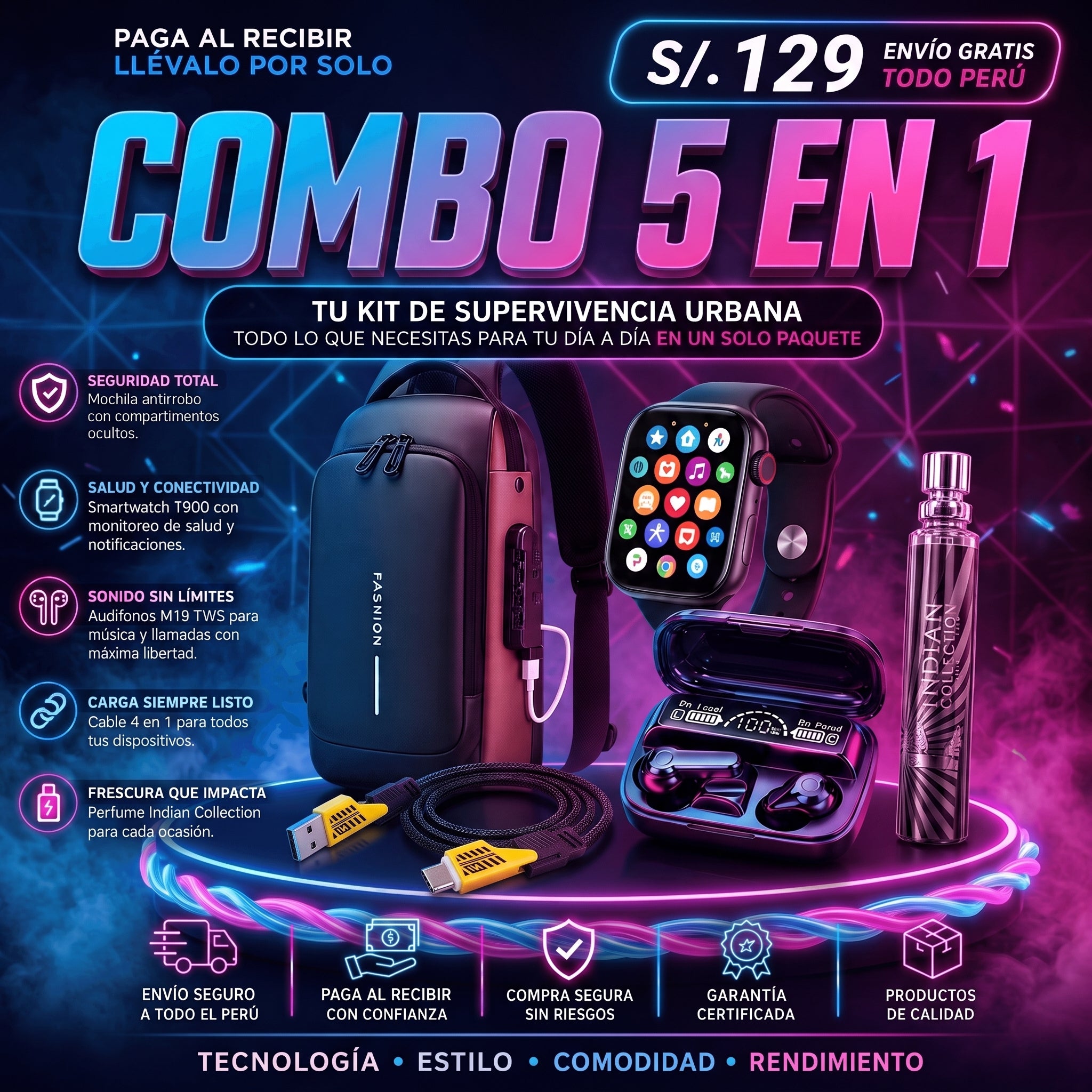 SUPER COMBO 5 EN 1 | Maletin Antirrobo Con Carga + Reloj inteligente + Audifonos + Perfume de Bolsillo + Cargador 4 en 1