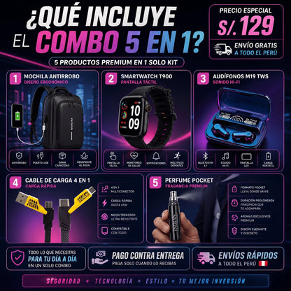 SUPER COMBO 5 EN 1 | Maletin Antirrobo Con Carga + Reloj inteligente + Audifonos + Perfume de Bolsillo + Cargador 4 en 1