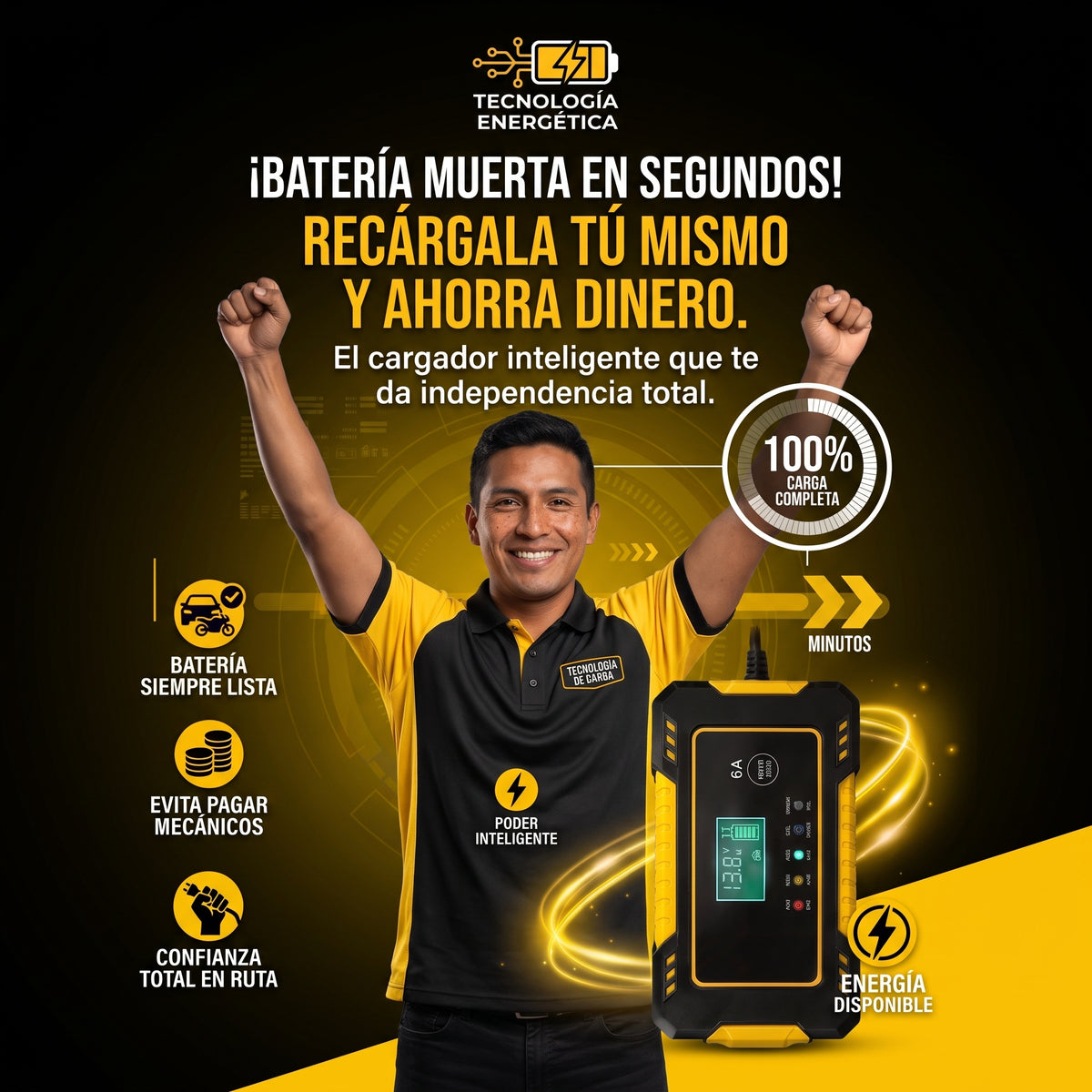 Cargador Inteligente de Batería 6A para Auto y Moto