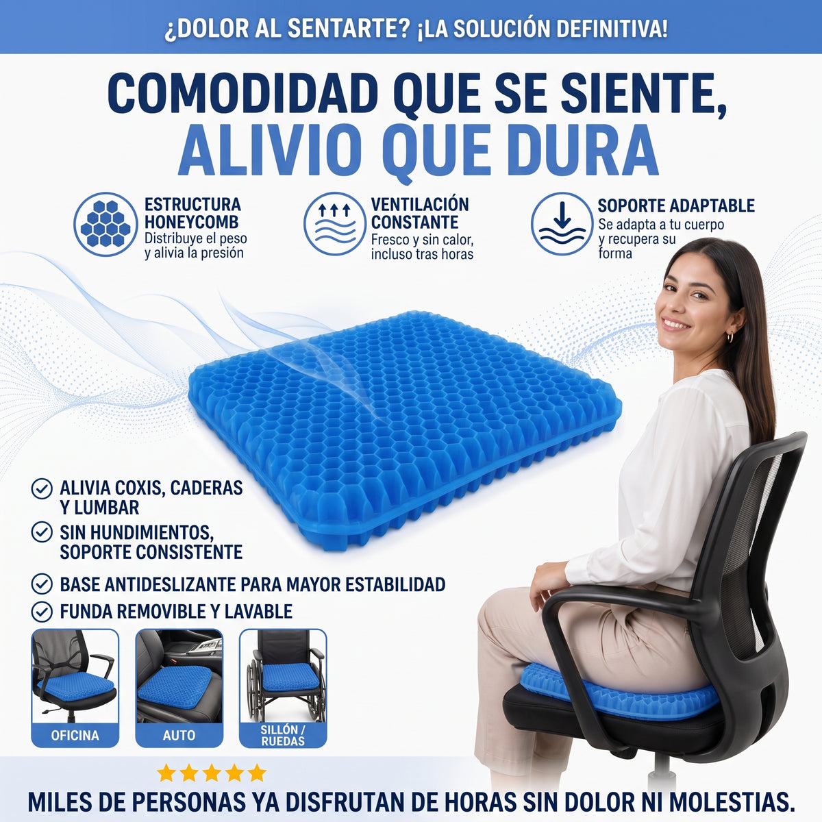 Cojín Gel Honeycomb - Alivia Coxis, Lumbar y Caderas