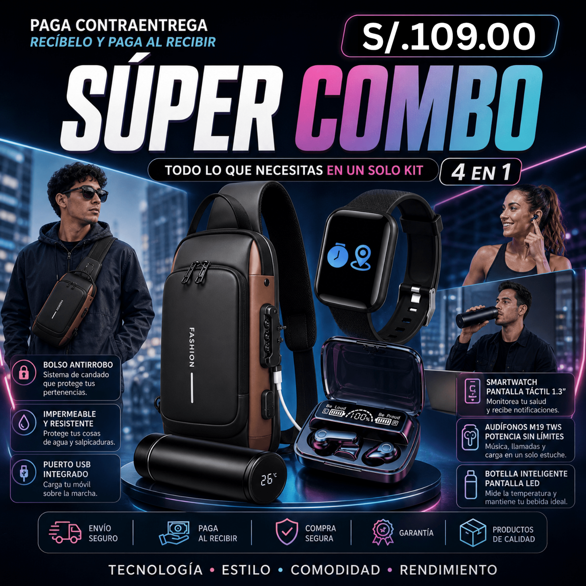 Super Combo Maletin Antirrobo Con Carga + Termo Digital + Reloj inteligente T500