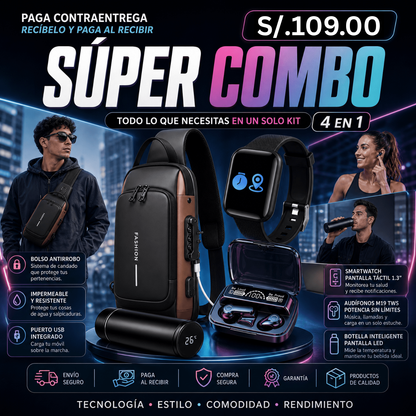 Super Combo Maletin Antirrobo Con Carga + Termo Digital + Reloj inteligente T500