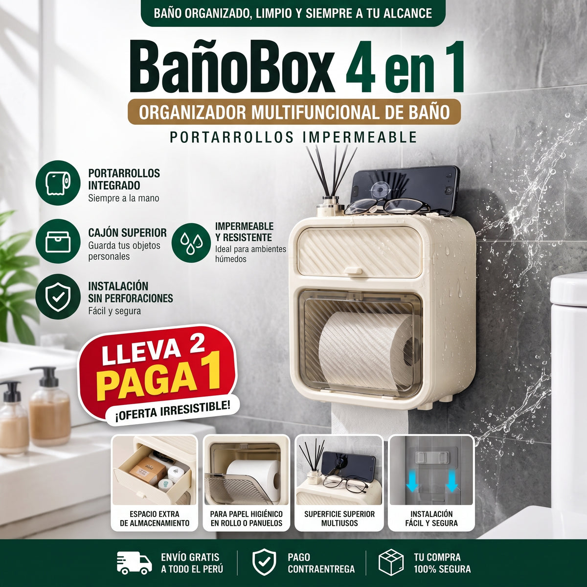 BañoBox 4 en 1 - Organizador Portarrollos Impermeable
