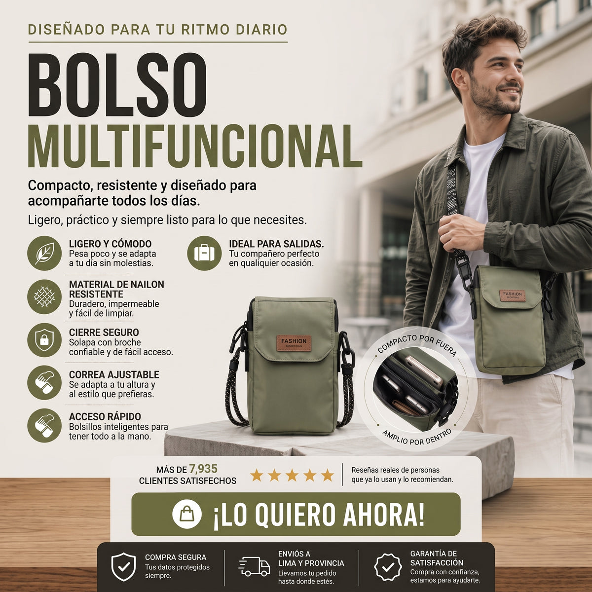 Bolso Multifuncional - Nailon Resistente, Correa Ajustable