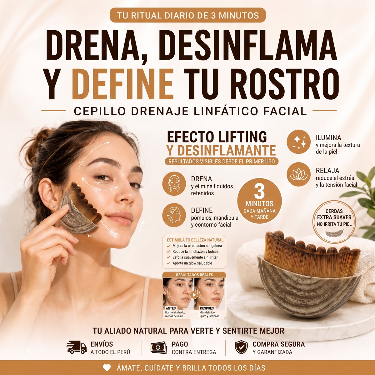 Cepillo Drenaje Linfático Facial - Efecto Lifting 3 Min