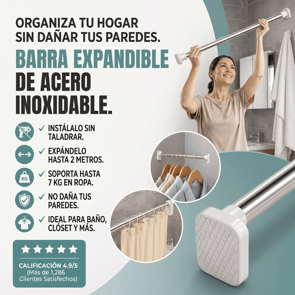 Barra Expandible Acero Inoxidable - Sin Taladrar, 2m
